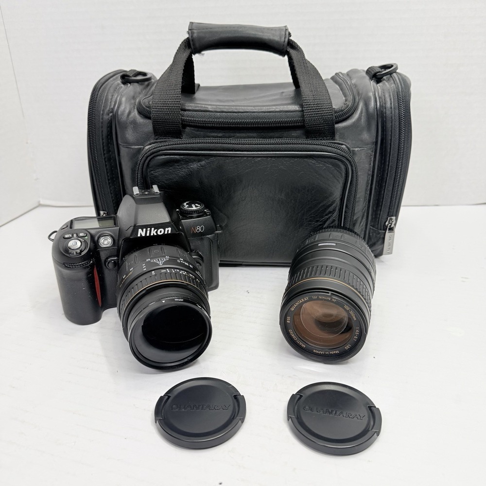 Nikon N80 35mm Film Camera Kit 2 Lenses Filters Bag Tested Working